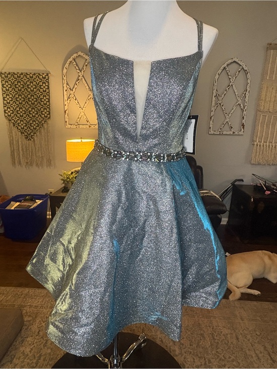 Sherri Hill Dresses & Skirts - Sherri Hill Silver/green Iridescent Glitter Party Dress with Jeweled Waist